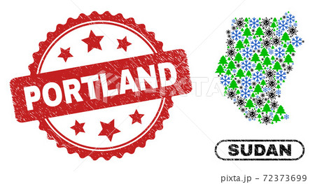 Portland Textured Stamp and Sudan Map Collage of Pandemic New Year Portland Textured Stamp and Sudan Map Collage of Pandemic New Year 72373699