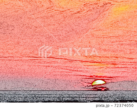 瀬戸内の播磨灘に沈む 夕日 と神秘的で燃え上がる 夕焼け 色鉛筆画風のイラスト素材