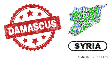 Damascus Textured Seal and Syria Map Composition of Covid Winter 72374129