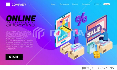 E-commerce web site template. Internet shopping web market and online store flat color horizontal 72374195