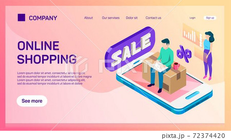 E-commerce web site template. Internet shopping web market and online store flat color horizontal 72374420