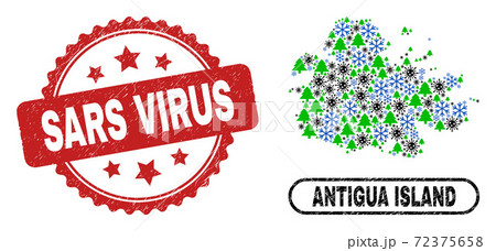 Sars Virus Distress Stamp and Antigua Island Map Collage of Covid-2019 Christmas 72375658
