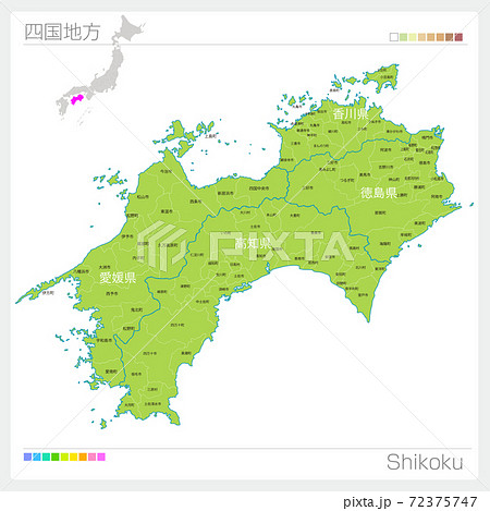 四国地方の地図・Shikoku・市町村名（市町村・区分け）