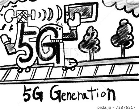 5gを表現しているイラスト画像 スマートフォンを利用しているロボットや高速接続のためのアンテナと電波のイラスト素材