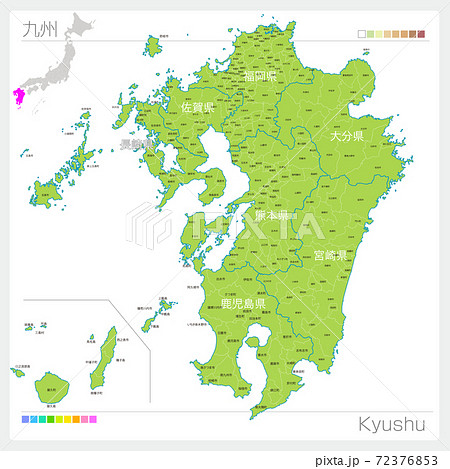 九州地方の地図・Kyushu・市町村名（市町村・区分け） 72376853