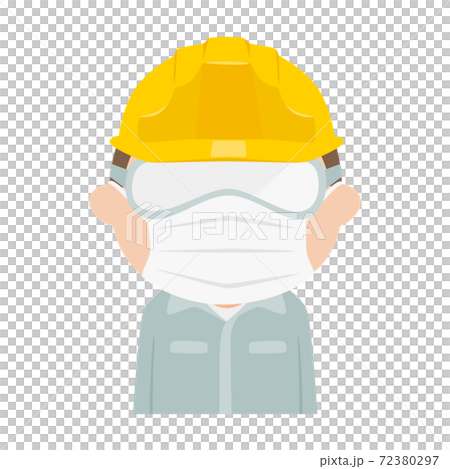 男性の建設業者のイラスト。感染拡大を防ぐためにマスクとゴーグルをしてる男性。 男性の建設業者のイラスト。感染拡大を防ぐためにマスクとゴーグルをしてる男性。 72380297