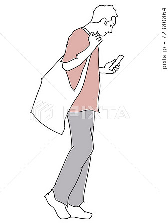 着信に気づいて立ち止まるラフな服の男性 線画のイラスト素材 着信に気づいて立ち止まるラフな服の男性 線画のイラスト素材
