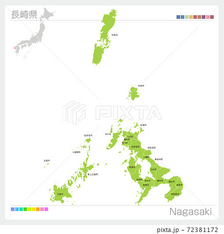 長崎県の地図・Nagasaki・市町村名（市町村・区分け） 72381172