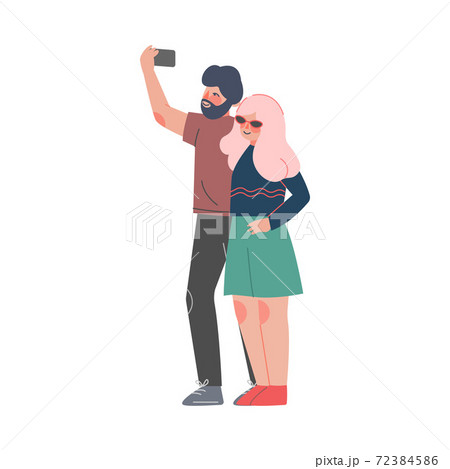 Couple Taking Selfie with Smartphone, Guy and Girl Spending Time Together Cartoon Style Vector Illustration 72384586