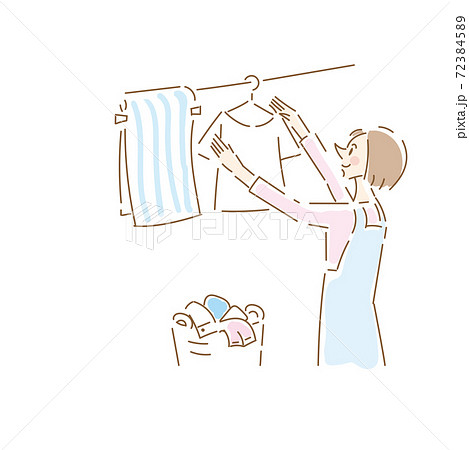 洗濯物を干す可愛い主婦のイラスト素材