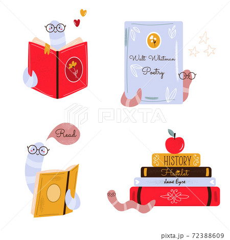 Colorful set of vector illustrations with pile of books and funny bookworms. Colorful set of vector illustrations with pile of books and funny bookworms. 72388609