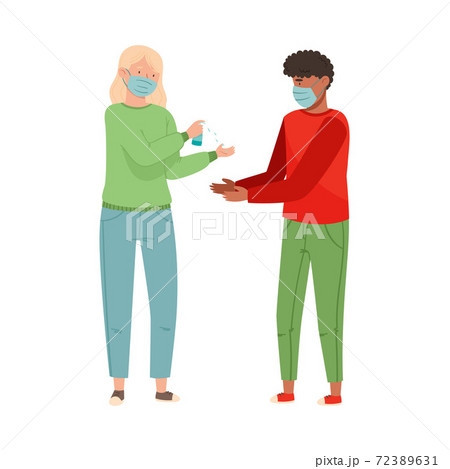 Woman in Medical Face Mask Disinfecting Hands of African American Man Vector Illustration 72389631