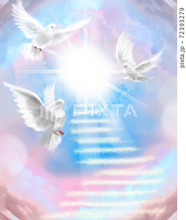 天国へ続く階段とカラフルな雲と三羽の白い鳩の宗教画のイラスト素材