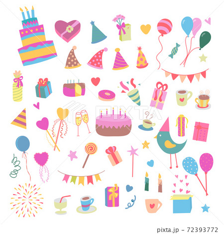 Vector illustration birthday party colorful accessories and decoration, sweet treats, cakes, balloons, candies, gifts in flat cartoon style. 72393772