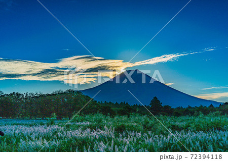 （静岡県）朝霧高原のチカラシバ　富士山　彩雲 72394118