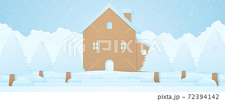 House and trees on snow in winter landscape with snow falling, cloudscape background, paper art style 72394142