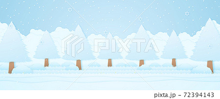 winter landscape, trees on grass in garden, snow falling with snowflakes, paper art style 72394143