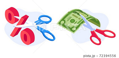 Rate cut concept. Scissors cutting dollar banknote and percentage. Economic crisis, money banking nominal recession 72394556