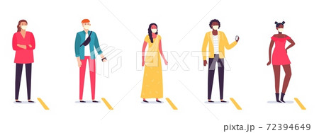 People in line keeping social distance. Diverse man and woman standing in queue with distancing. Coronavirus 72394649