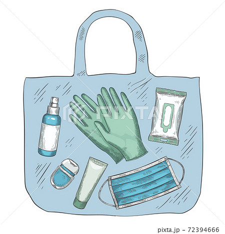 Travel sanitizer kit. Disinfectant, medical mask, gloves, alcohol spray and wipes in bag. New normal life during covid-19, vector concept 72394666