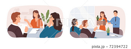 New employee welcome. Job interviewing, hiring and start work career. Young woman at boss meeting. Office team greet worker vector concept New employee welcome. Job interviewing, hiring and start work career. Young woman at boss meeting. Office team greet worker vector concept 72394722