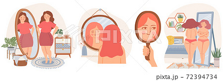 Women with mirrors. Confident young female look at reflection in mirror. Self acceptance concept. Girls in scandinavian interior vector set 72394734