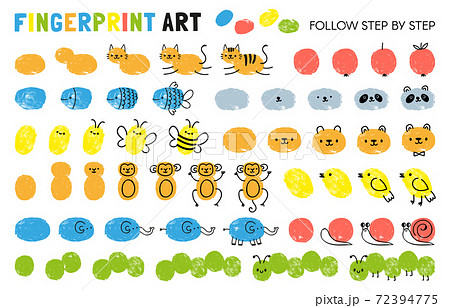 Fingerprint art steps. Worksheet for kid learning to draw animals. Paint with finger print kindergarten activity. Game for child vector page 72394775