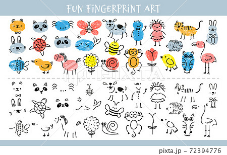 Paint with finger prints. Kids fingerprint learning art game and quiz worksheet with characters. Education drawing for children vector sheet 72394776