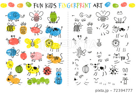 Fingerprint game for kids. Fun educational activity for children study to paint with fingers. Doodle animals and insects drawing vector set 72394777