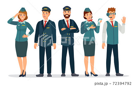 Aircraft staff. Air crew in uniforms pilots, stewardesses and flight attendant. Group of airport employee. Airline personnel vector concept 72394792