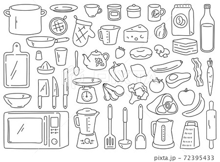 Cooking tools and ingredients. Food prepare, kitchen cookware and utensil. Outline spoon, knife, bowl and plate. Culinary vector doodle set 72395433