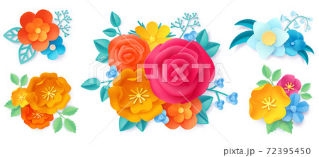 Paper art bouquets. Origami roses, wild flowers and leaves beautiful bridal bouquet. 3d nature decoration. Spring floral concept vector set 72395450
