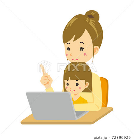 子供とパソコンをする女性のイラスト 72396929
