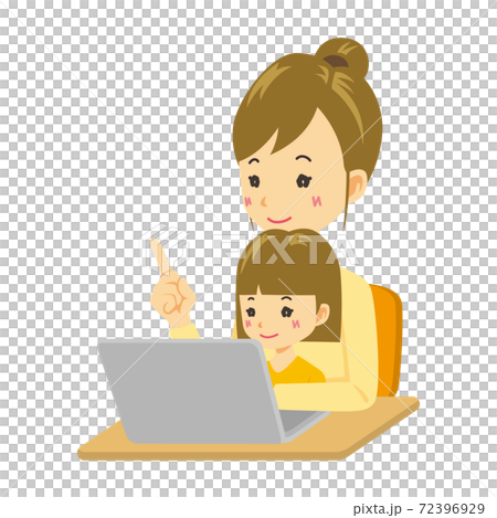 子供とパソコンをする女性のイラスト 72396929