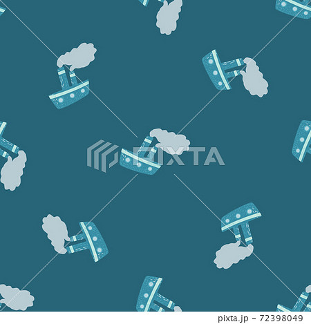 Seamless random pattern with cartoon baby steamer ship doodle ornament. Blue palette print. Seamless random pattern with cartoon baby steamer ship doodle ornament. Blue palette print. 72398049