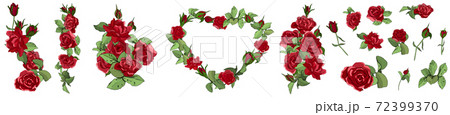 Vector hand drawn elements set of red roses, leaves, bud and an open flower. Vector hand drawn elements set of red roses, leaves, bud and an open flower. 72399370