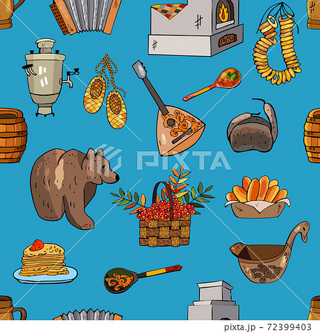 Russian seamless pattern. Background with traditional elements, vector illustration. Russia elements set. Russian seamless pattern. Background with traditional elements, vector illustration. Russia elements set. 72399403