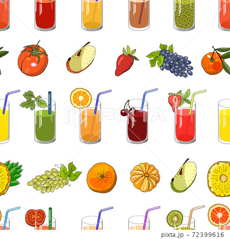 Seamless pattern with natural juice and fruit. Vector endless hand drawn illustration isolated on white background. 72399616