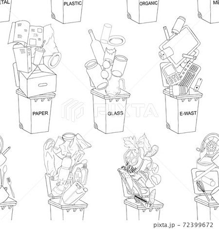 Seamless outline pattern. Trash cans with sorted garbage set. Different types of garbage 72399672