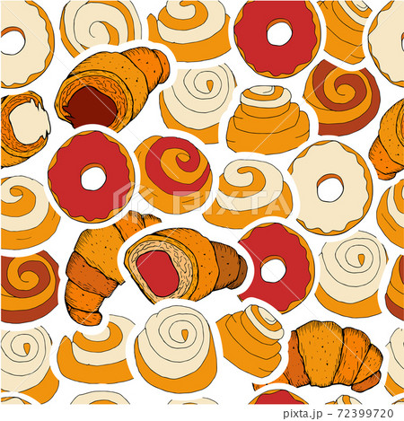 Hand drawn seamless pattern of croissants, berry and chocolate. 72399720