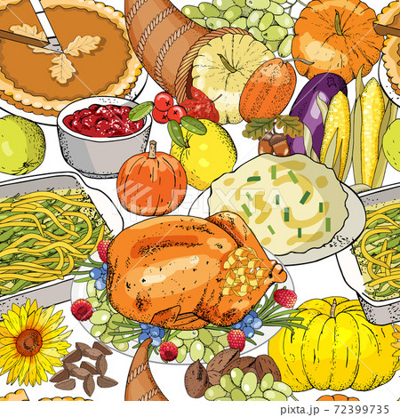 Autumn seamless pattern of elements with thanksgiving symbols, cornucopia Autumn seamless pattern of elements with thanksgiving symbols, cornucopia 72399735
