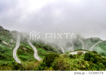 Thambi view Point, Old Silk Route, Sikkim Zuluk Loops. India on a misty foggy day. Thambi view Point, Old Silk Route, Sikkim Zuluk Loops. India on a misty foggy day. 72399779