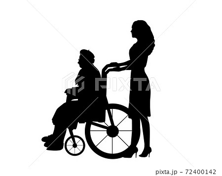 Silhouettes of woman walking her grandmother in wheelchair Silhouettes of woman walking her grandmother in wheelchair 72400142