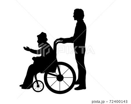 Silhouettes of man walking his grandfather in wheelchair 72400143