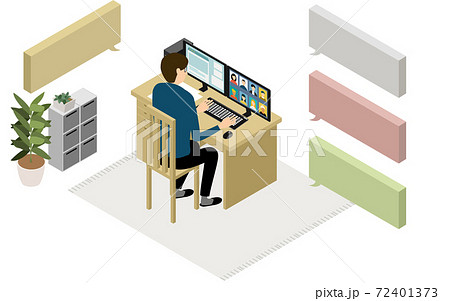 アイソメトリック、テレワークで自宅で働く人がオンラインミーティングしているところ 72401373