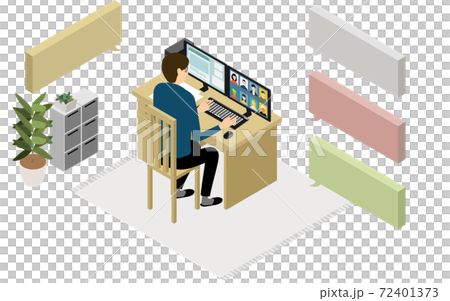 アイソメトリック、テレワークで自宅で働く人がオンラインミーティングしているところ 72401373