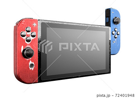 Conceptual used video game controllers attached to touch screen with scratches Conceptual used video game controllers attached to touch screen with scratches 72401948