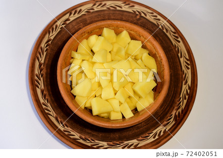 Finely chopped peeled potato tubers in a plate Finely chopped peeled potato tubers in a plate 72402051