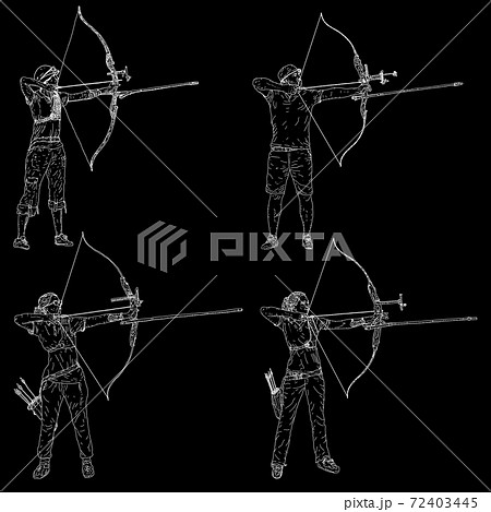 Set Sketches silhouettes attractive female and male archer bending a bow and aiming in the target 72403445