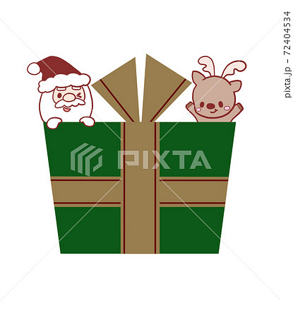 かわいいサンタクロースとトナカイと大きなプレゼントの手描き風クリスマスイラストのイラスト素材